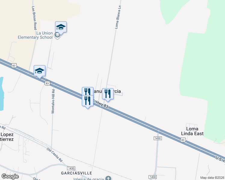 map of restaurants, bars, coffee shops, grocery stores, and more near 29 East Trevino Street in Rio Grande City