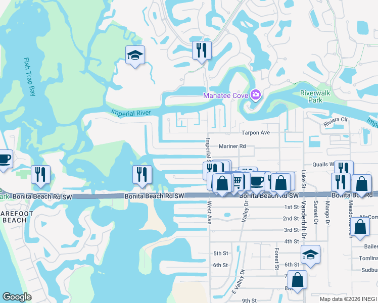 map of restaurants, bars, coffee shops, grocery stores, and more near 4844 Esplanade Street in Bonita Springs