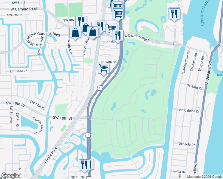 map of restaurants, bars, coffee shops, grocery stores, and more near 1801 Thatch Palm Drive in Boca Raton