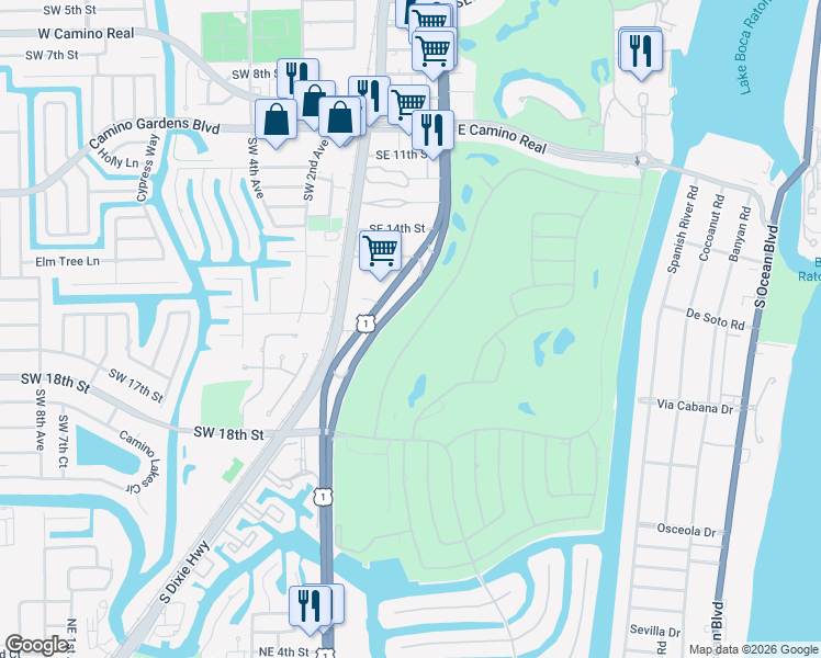 map of restaurants, bars, coffee shops, grocery stores, and more near 1801 Thatch Palm Drive in Boca Raton