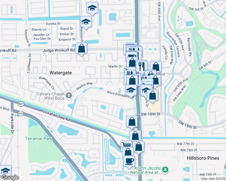 map of restaurants, bars, coffee shops, grocery stores, and more near 10235 Boca Entrada Boulevard in Boca Raton