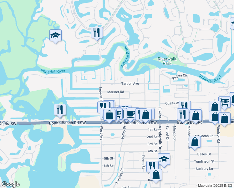 map of restaurants, bars, coffee shops, grocery stores, and more near 4377 Mariner Road in Bonita Springs
