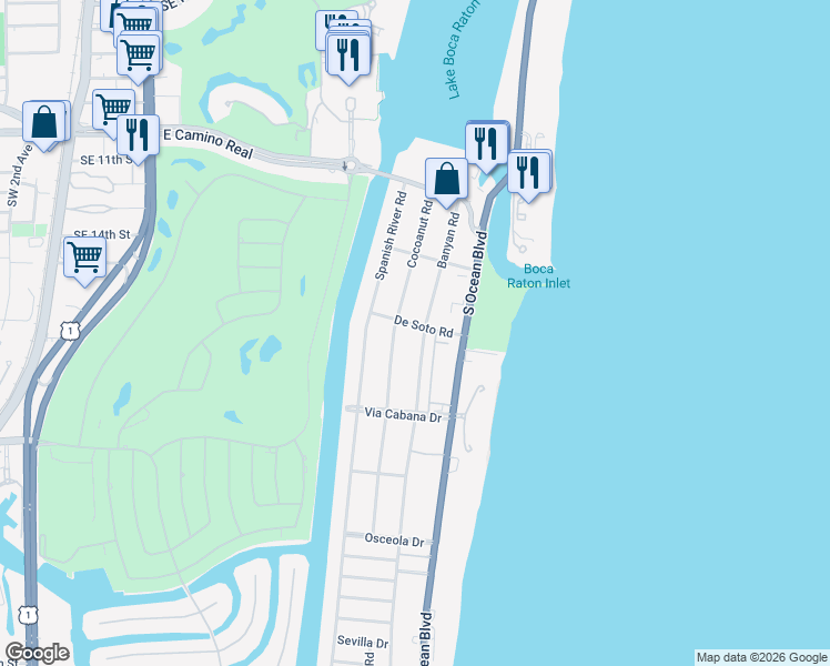map of restaurants, bars, coffee shops, grocery stores, and more near 800 De Soto Road in Boca Raton