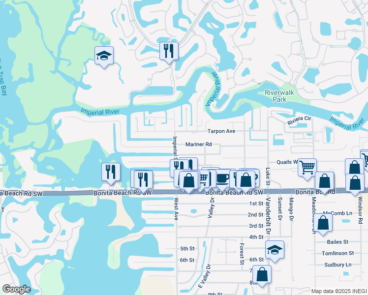 map of restaurants, bars, coffee shops, grocery stores, and more near 4465 Mariner Road in Bonita Springs