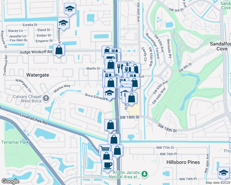 map of restaurants, bars, coffee shops, grocery stores, and more near 23043 Florida 7 in Boca Raton