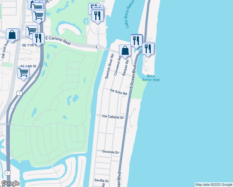 map of restaurants, bars, coffee shops, grocery stores, and more near 800 De Soto Road in Boca Raton