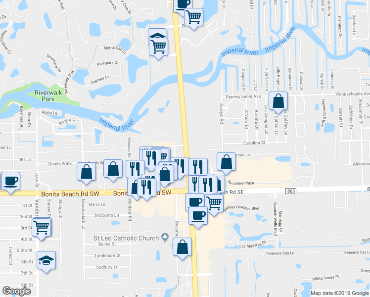 map of restaurants, bars, coffee shops, grocery stores, and more near 27882 South Tamiami Trail in Bonita Springs