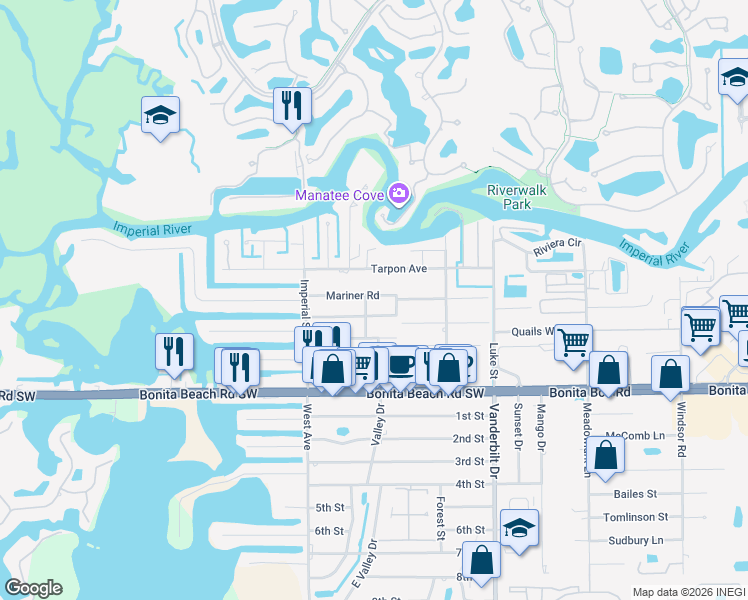 map of restaurants, bars, coffee shops, grocery stores, and more near 4377 Mariner Road in Bonita Springs