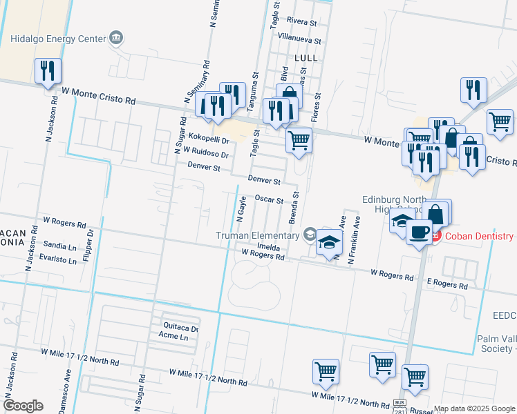 map of restaurants, bars, coffee shops, grocery stores, and more near 3018 Trey Street in Edinburg
