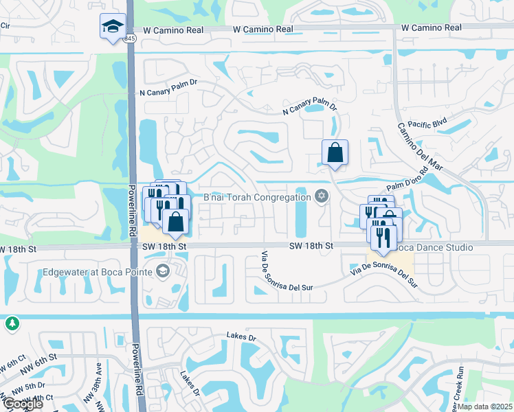map of restaurants, bars, coffee shops, grocery stores, and more near 6557 Via Regina in Boca Raton
