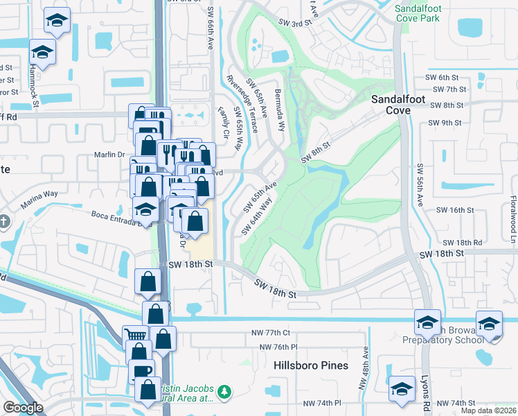 map of restaurants, bars, coffee shops, grocery stores, and more near 1540 Southwest 65th Avenue in Boca Raton