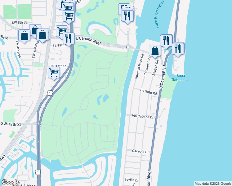 map of restaurants, bars, coffee shops, grocery stores, and more near 1739 Royal Palm Way in Boca Raton