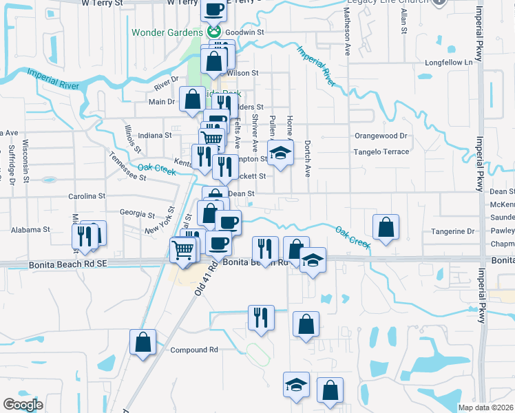 map of restaurants, bars, coffee shops, grocery stores, and more near 10600 Dean Street in Bonita Springs