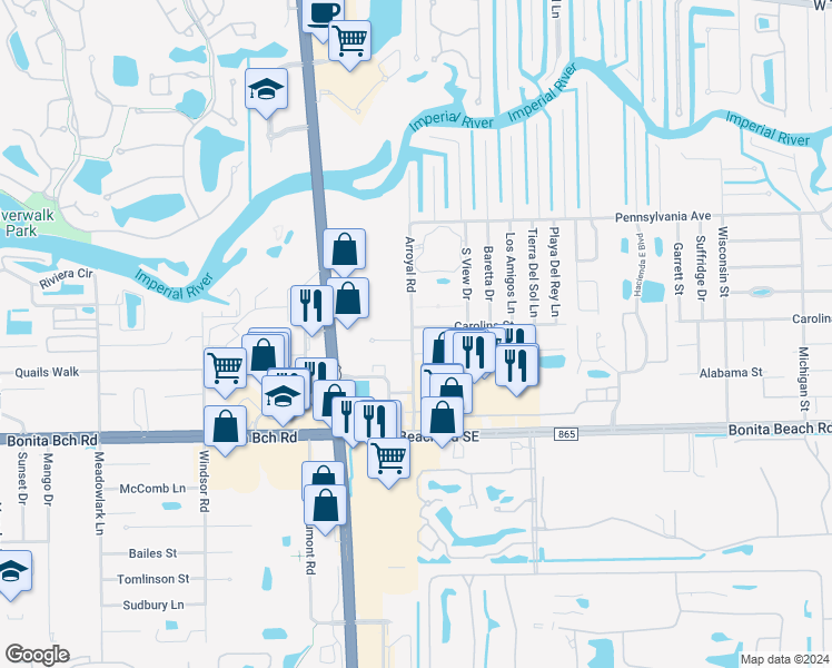 map of restaurants, bars, coffee shops, grocery stores, and more near 9020 Carolina Street in Bonita Springs