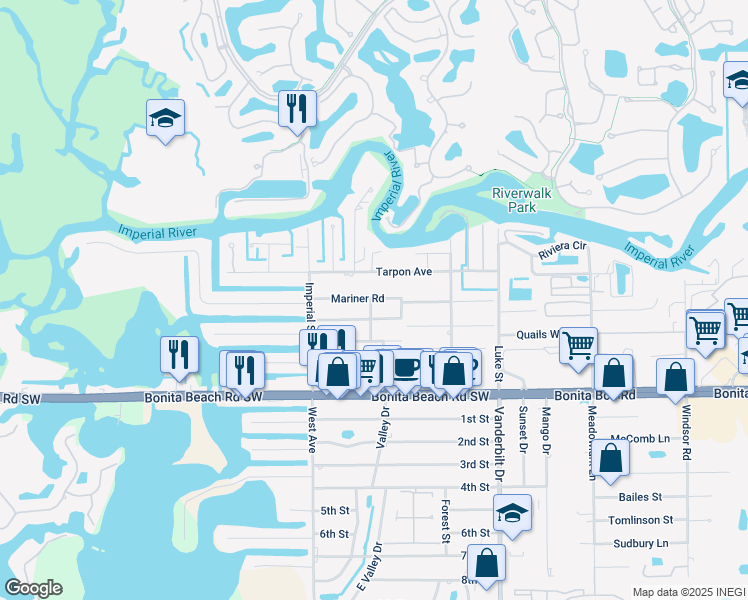 map of restaurants, bars, coffee shops, grocery stores, and more near 4377 Mariner Road in Bonita Springs