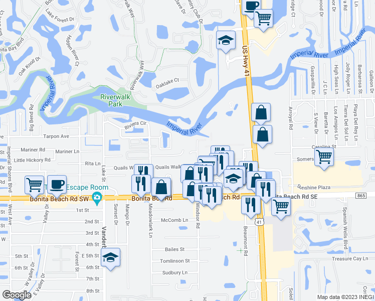map of restaurants, bars, coffee shops, grocery stores, and more near 3414 Ketcham Court in Bonita Springs