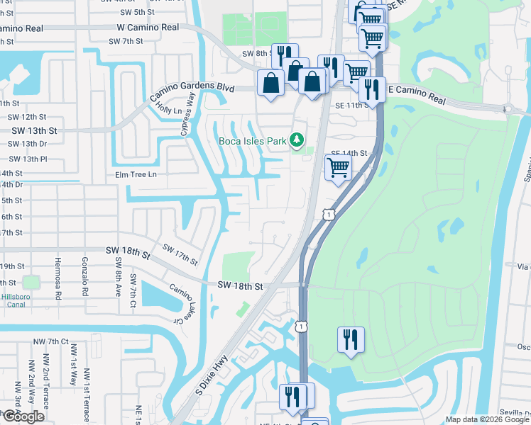 map of restaurants, bars, coffee shops, grocery stores, and more near 250 Southwest 15th Drive in Boca Raton