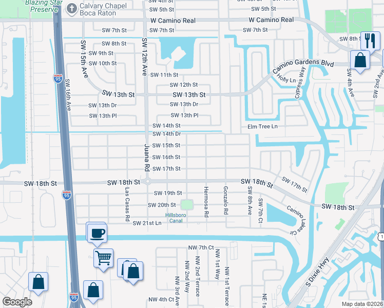 map of restaurants, bars, coffee shops, grocery stores, and more near 1071 Southwest 16th Street in Boca Raton