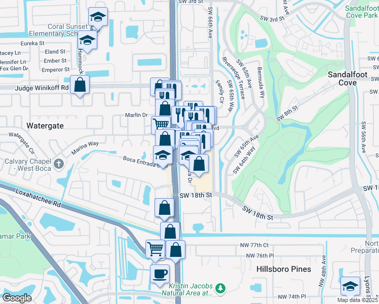map of restaurants, bars, coffee shops, grocery stores, and more near 23032 Sandalfoot Plaza Drive in Boca Raton