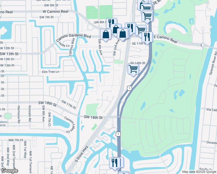 map of restaurants, bars, coffee shops, grocery stores, and more near 250 Southwest 15th Drive in Boca Raton