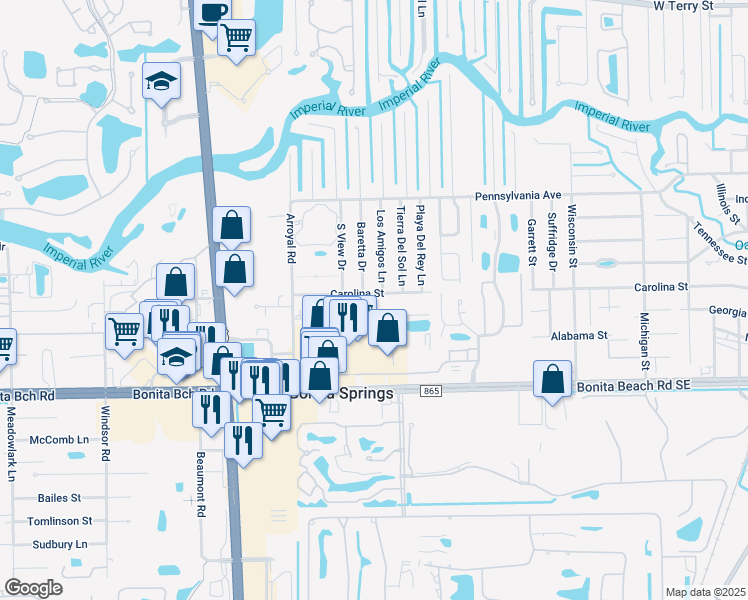 map of restaurants, bars, coffee shops, grocery stores, and more near 9160 Carolina Street in Bonita Springs