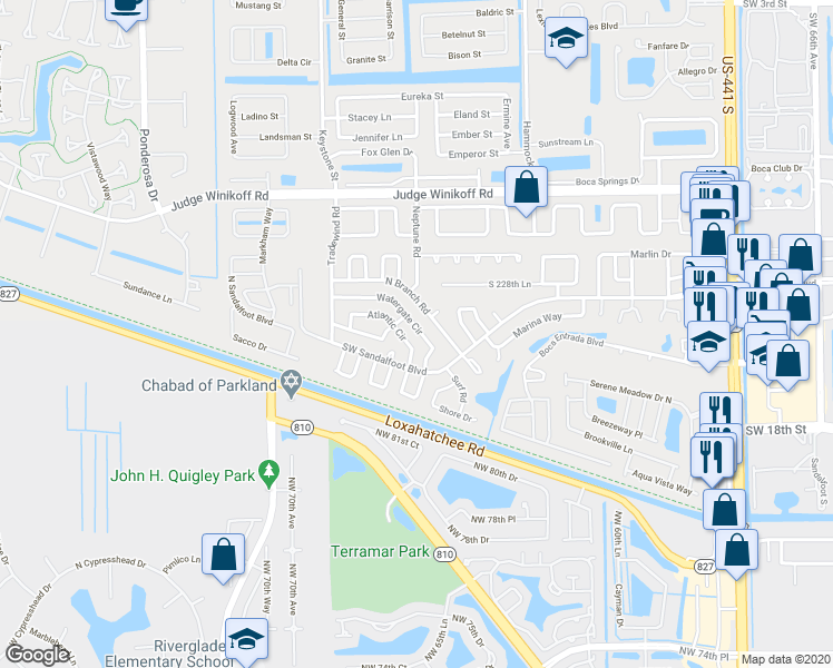 map of restaurants, bars, coffee shops, grocery stores, and more near 23030 Atlantic Circle in Boca Raton