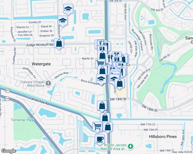 map of restaurants, bars, coffee shops, grocery stores, and more near 10147 Boca Entrada Boulevard in Boca Raton