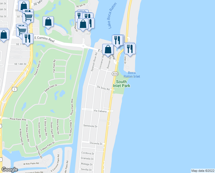 map of restaurants, bars, coffee shops, grocery stores, and more near 951 De Soto Road in Boca Raton
