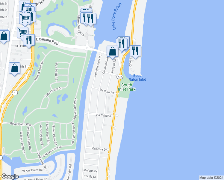 map of restaurants, bars, coffee shops, grocery stores, and more near 951 De Soto Road in Boca Raton
