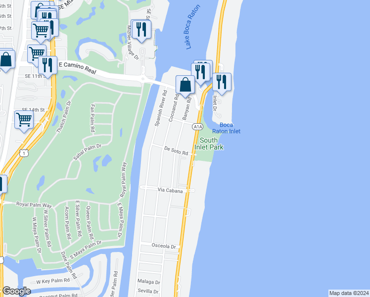 map of restaurants, bars, coffee shops, grocery stores, and more near 951 De Soto Road in Boca Raton