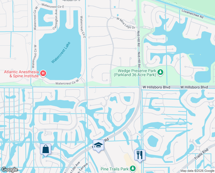 map of restaurants, bars, coffee shops, grocery stores, and more near West Hillsboro Boulevard in Parkland