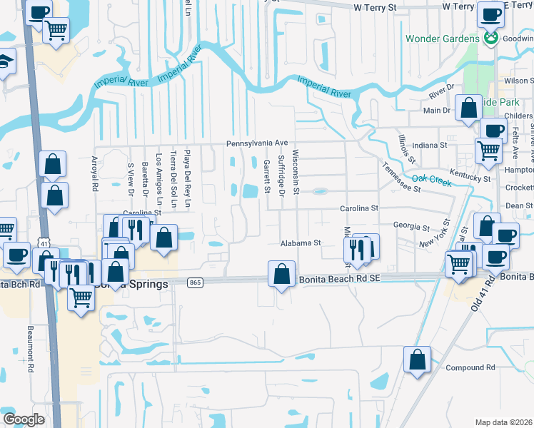 map of restaurants, bars, coffee shops, grocery stores, and more near 9680 Carolina Street in Bonita Springs