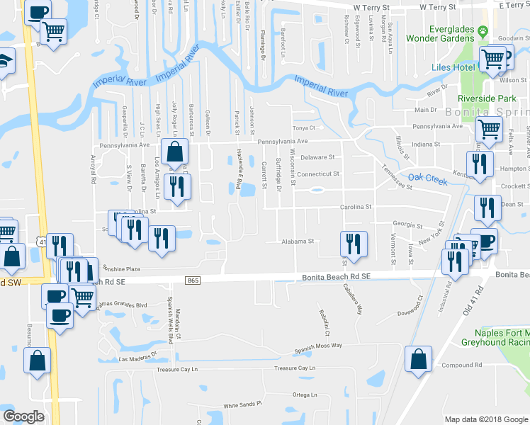 map of restaurants, bars, coffee shops, grocery stores, and more near 9680 Carolina Street in Bonita Springs