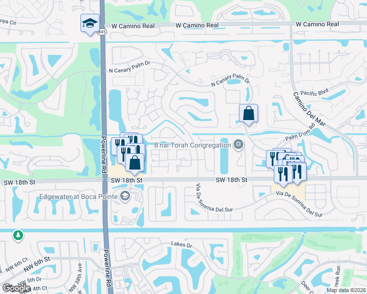 map of restaurants, bars, coffee shops, grocery stores, and more near 6596 Via Regina in Boca Raton