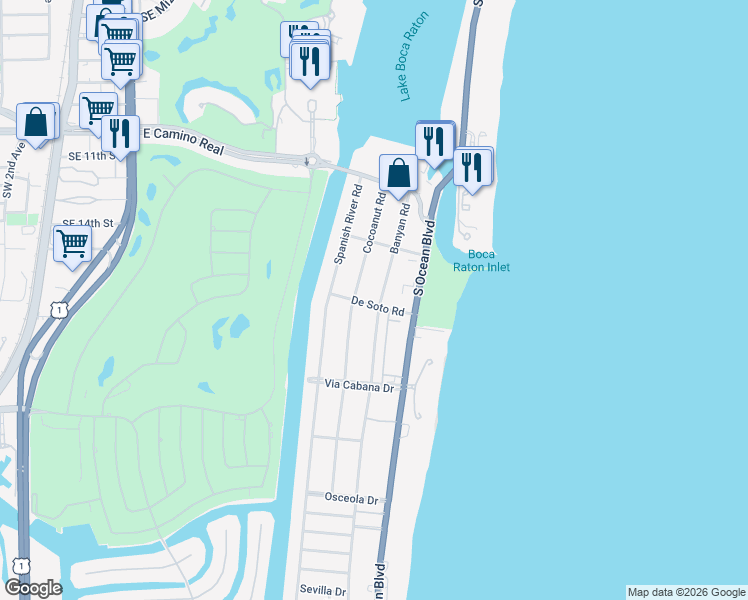 map of restaurants, bars, coffee shops, grocery stores, and more near 800 De Soto Road in Boca Raton