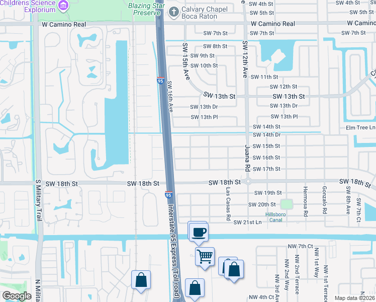 map of restaurants, bars, coffee shops, grocery stores, and more near 1481 Southwest 16th Street in Boca Raton