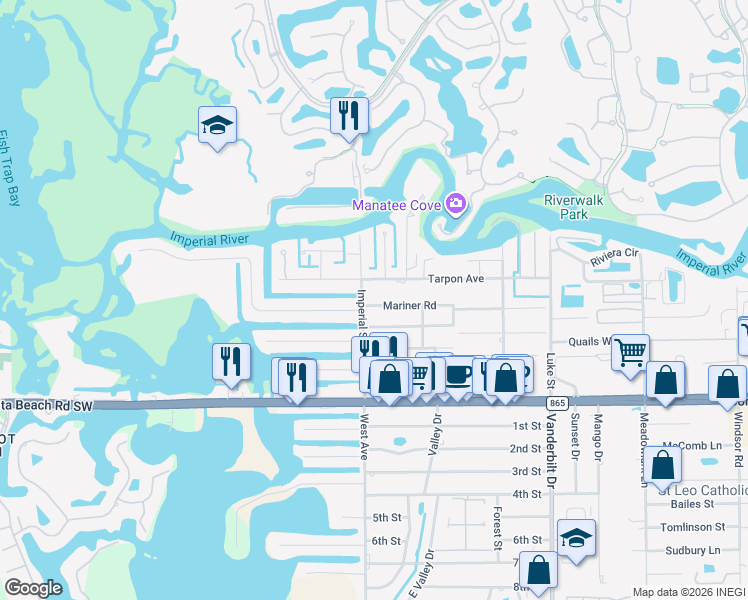 map of restaurants, bars, coffee shops, grocery stores, and more near 4465 Mariner Road in Bonita Springs
