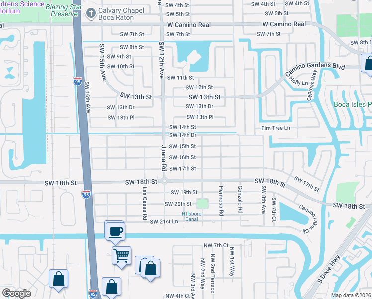 map of restaurants, bars, coffee shops, grocery stores, and more near 1151 Southwest 16th Street in Boca Raton