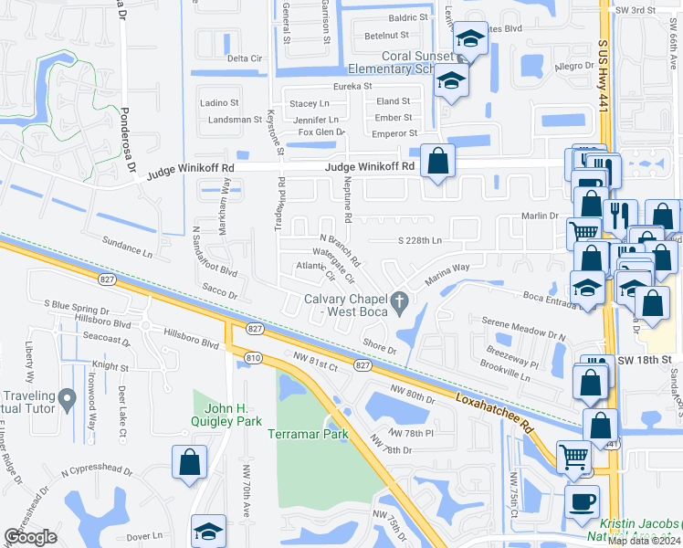map of restaurants, bars, coffee shops, grocery stores, and more near 23030 Atlantic Circle in Boca Raton