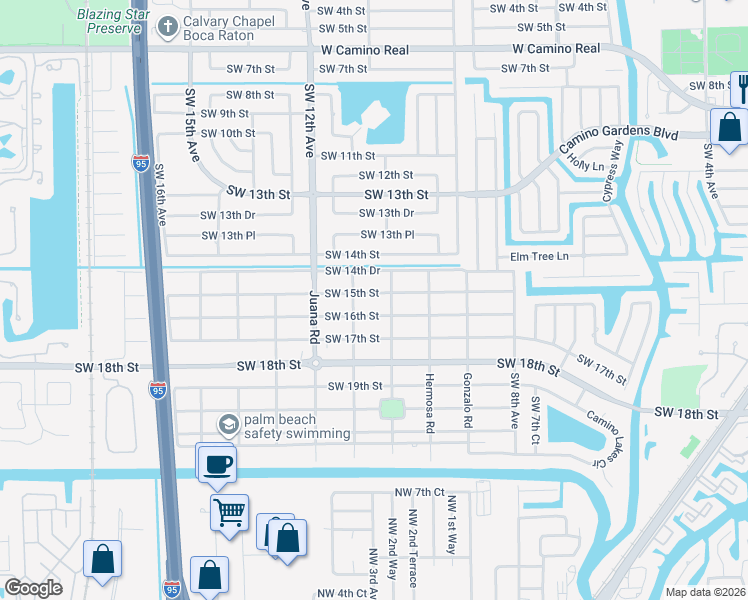 map of restaurants, bars, coffee shops, grocery stores, and more near 1599 Isabel Road East in Boca Raton