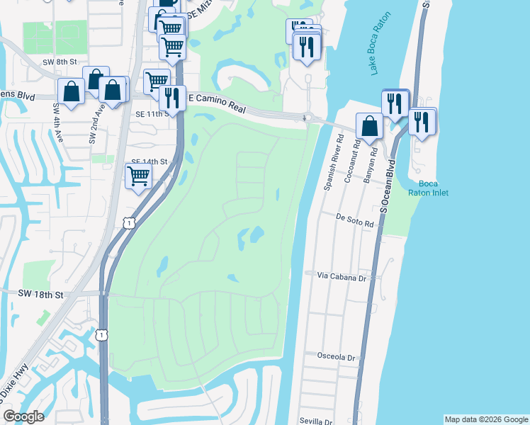 map of restaurants, bars, coffee shops, grocery stores, and more near 1739 Royal Palm Way in Boca Raton