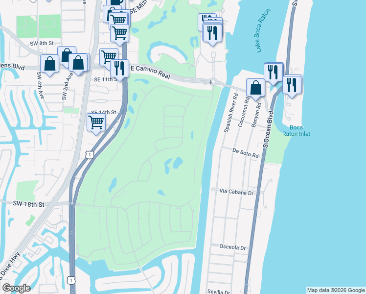 map of restaurants, bars, coffee shops, grocery stores, and more near 1739 Royal Palm Way in Boca Raton
