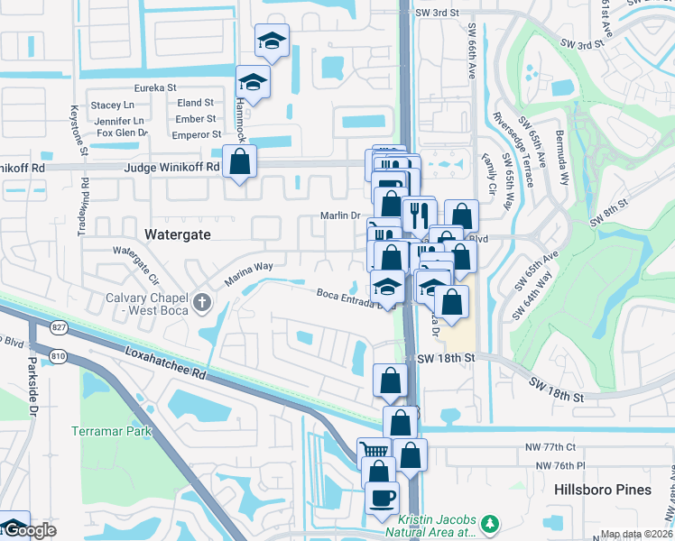 map of restaurants, bars, coffee shops, grocery stores, and more near 10235 Boca Entrada Boulevard in Boca Raton