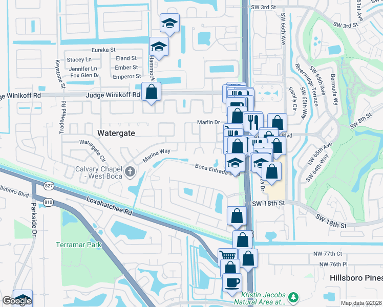 map of restaurants, bars, coffee shops, grocery stores, and more near 10282 Boca Entrada Boulevard in Boca Raton