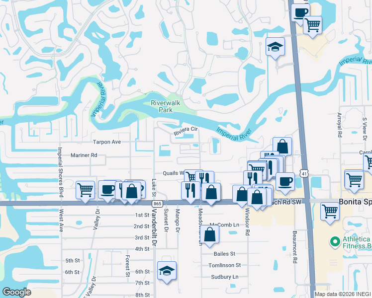 map of restaurants, bars, coffee shops, grocery stores, and more near 3870 Cardinal Circle in Bonita Springs