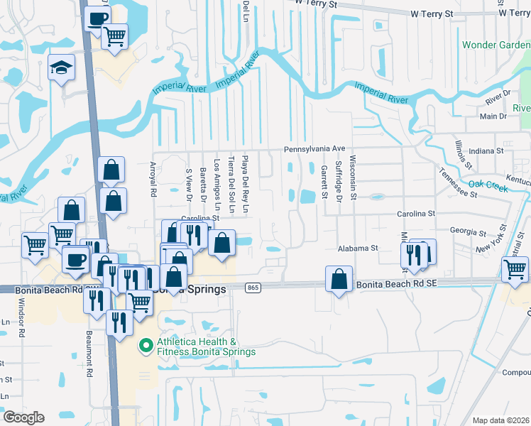 map of restaurants, bars, coffee shops, grocery stores, and more near 27831 Village Drive in Bonita Springs