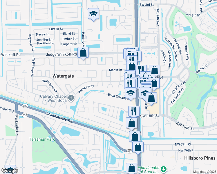 map of restaurants, bars, coffee shops, grocery stores, and more near 10282 Boca Entrada Boulevard in Boca Raton
