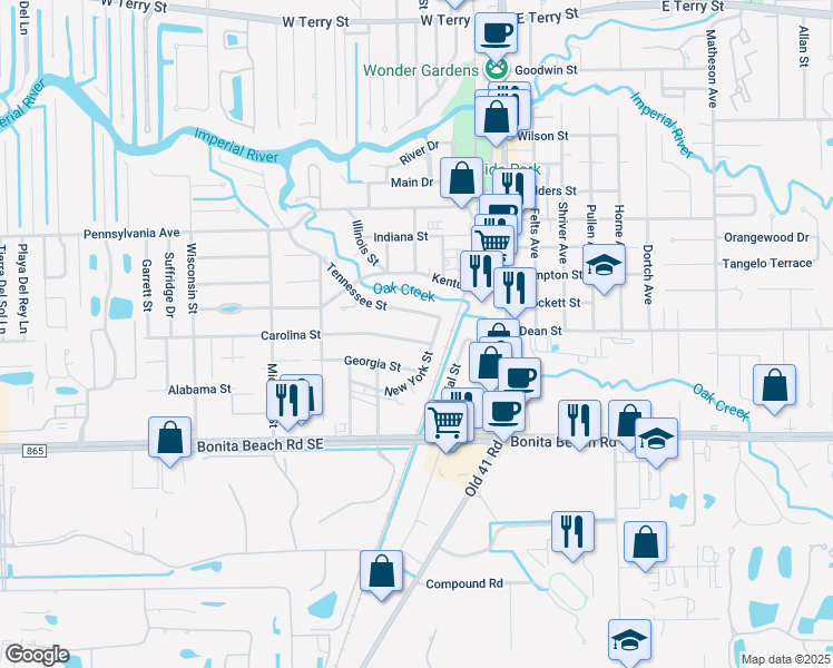 map of restaurants, bars, coffee shops, grocery stores, and more near 10242 Carolina Street in Bonita Springs
