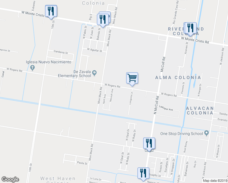map of restaurants, bars, coffee shops, grocery stores, and more near 2724 Nessuh Avenue in Edinburg