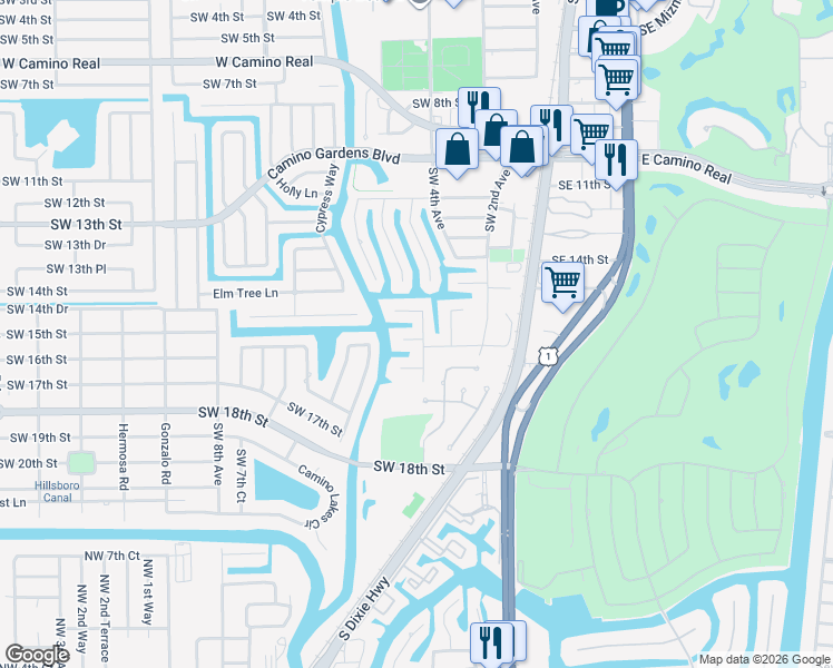 map of restaurants, bars, coffee shops, grocery stores, and more near 1524 Southwest 5th Avenue in Boca Raton